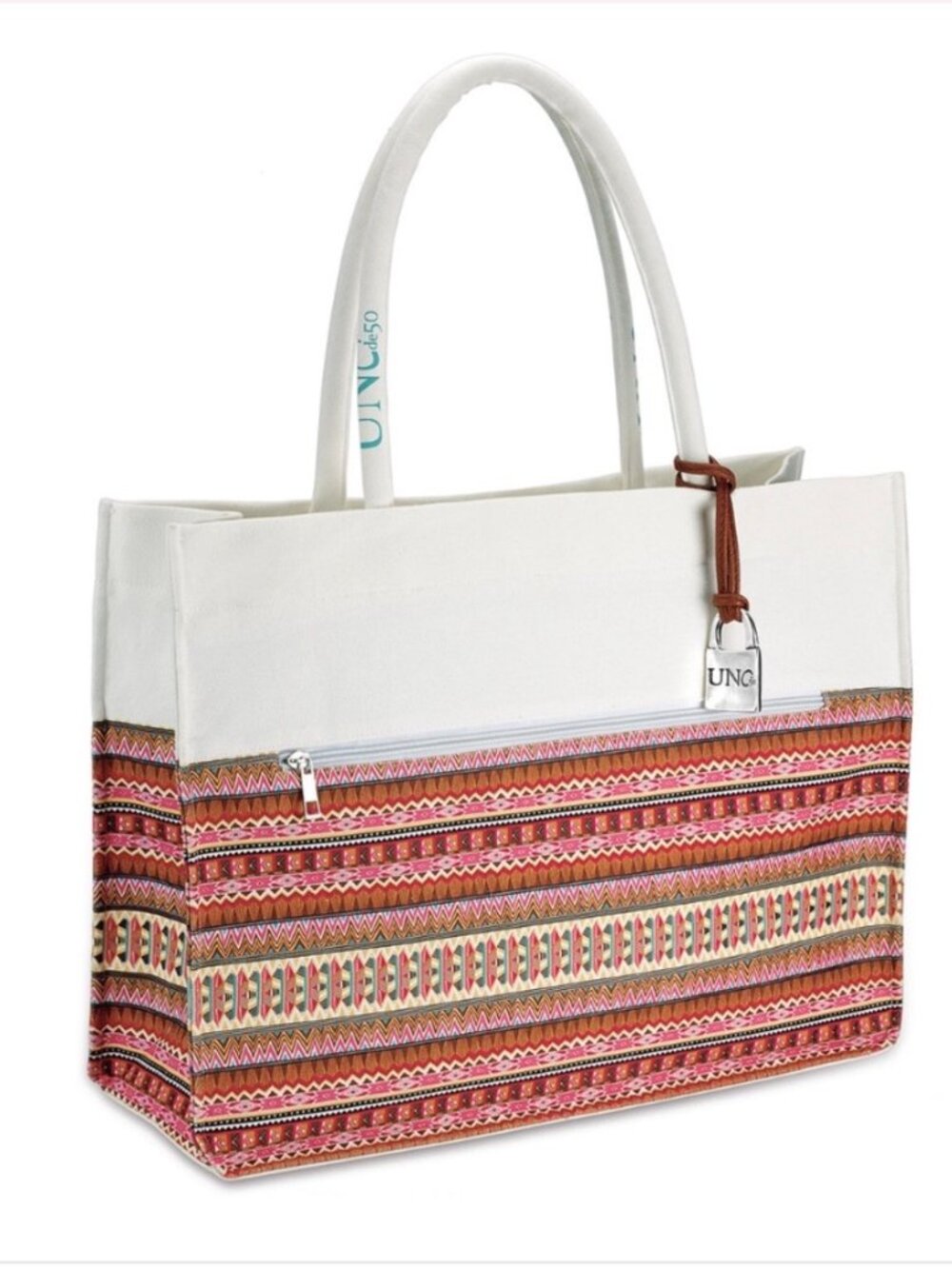 NEW! Uno de 50 Silver Charm Accented Printed Canvas Tote Bag BOHO BEACH TRAVEL